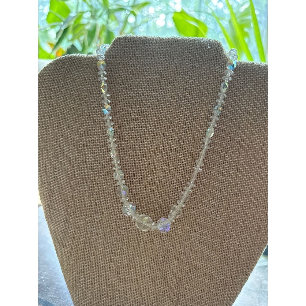 Vintage Single Strand Aurora Borealis AB Crystal Glass Bead Necklace